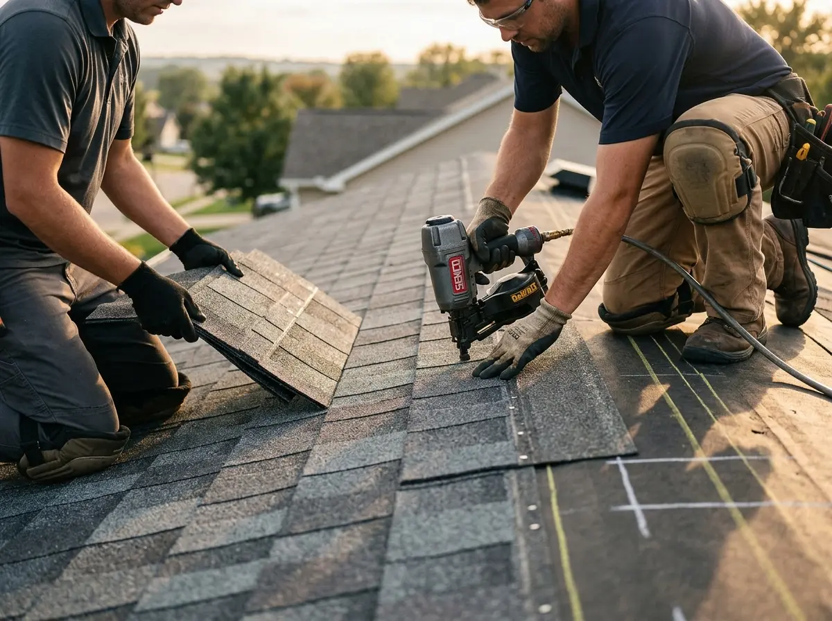 Professional roofer working on a residential roof in Columbia Falls